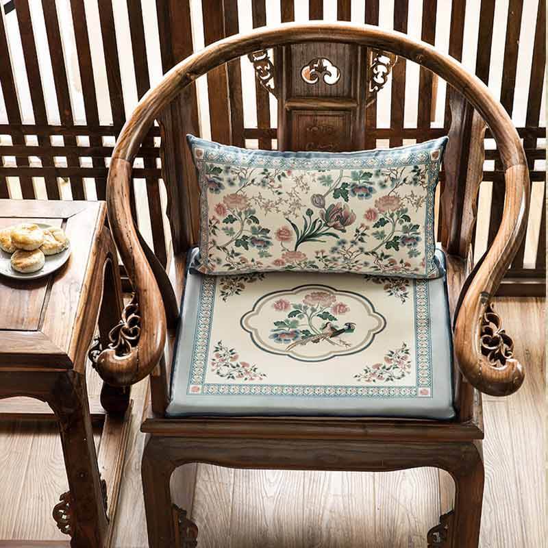 Chinoiserie Blue Spring Floral & Bird Pattern Short Plush Chair Cushion - SinoCultural -- SC033A38