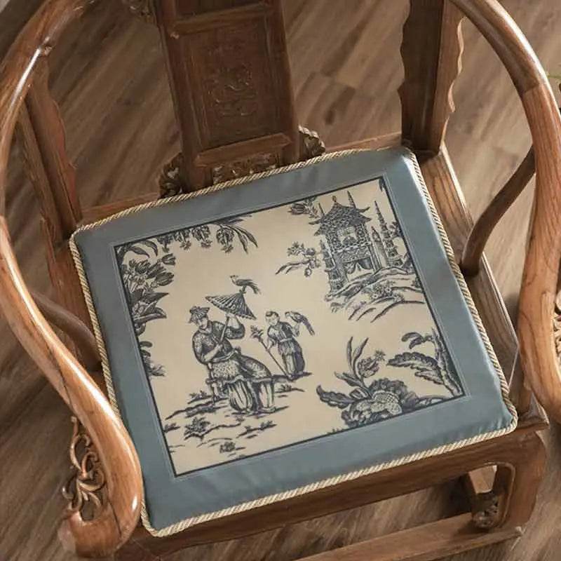 Chinoiserie Blue and White Porcelain Short Plush Chair Cushion - SinoCultural -- SC048A38