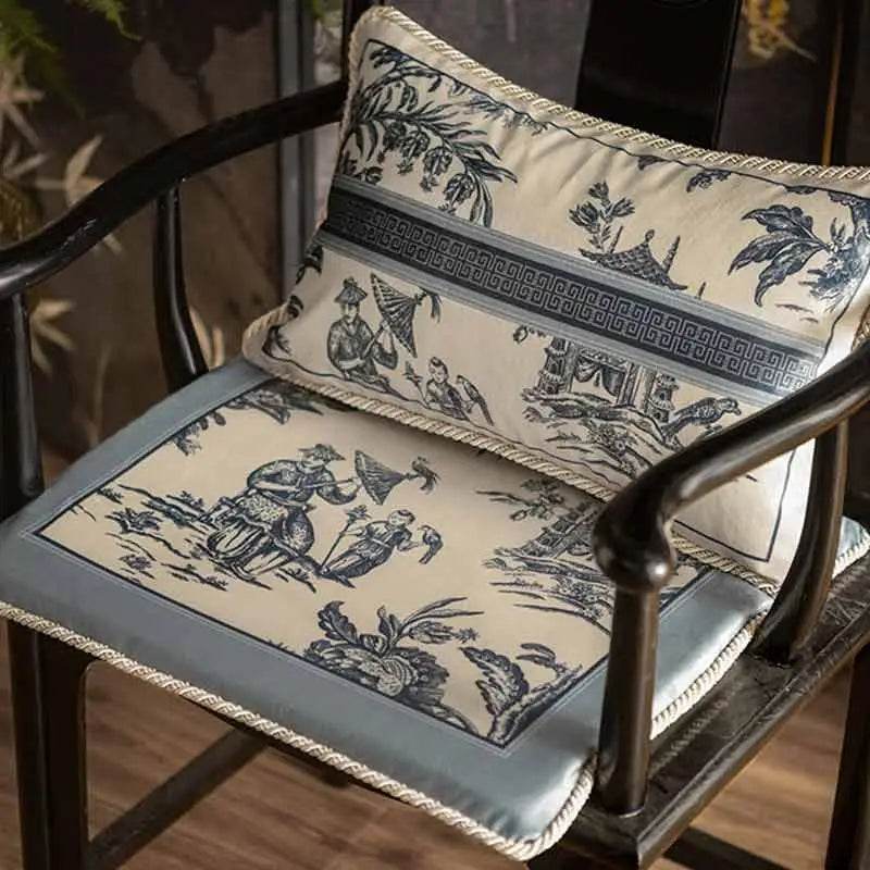 Chinoiserie Blue and White Porcelain Short Plush Chair Cushion - SinoCultural -- SC048A38
