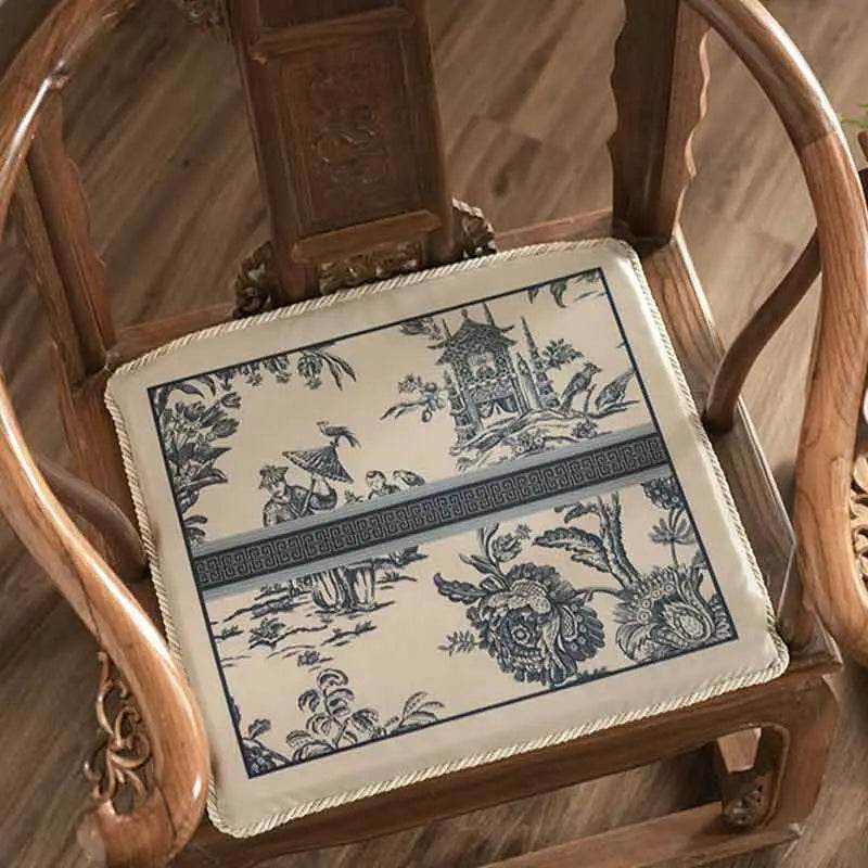 Chinoiserie Blue and White Porcelain Short Plush Chair Cushion - SinoCultural -- SC048A38