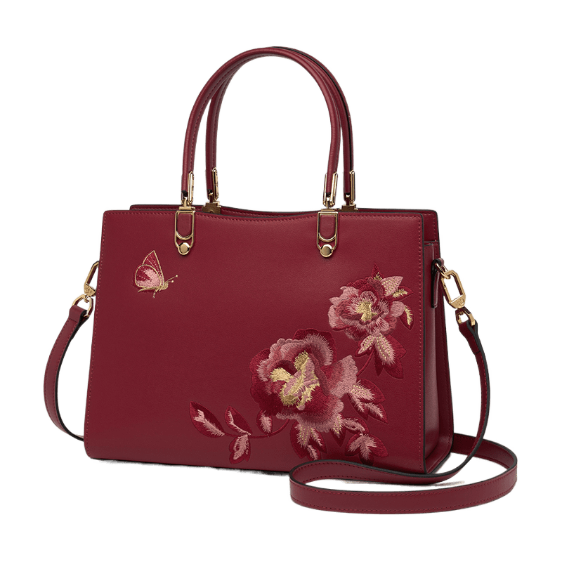 Embroidery Leather Tote Handbag Prosperous Peony - SinoCultural -- SC1605-S2 -