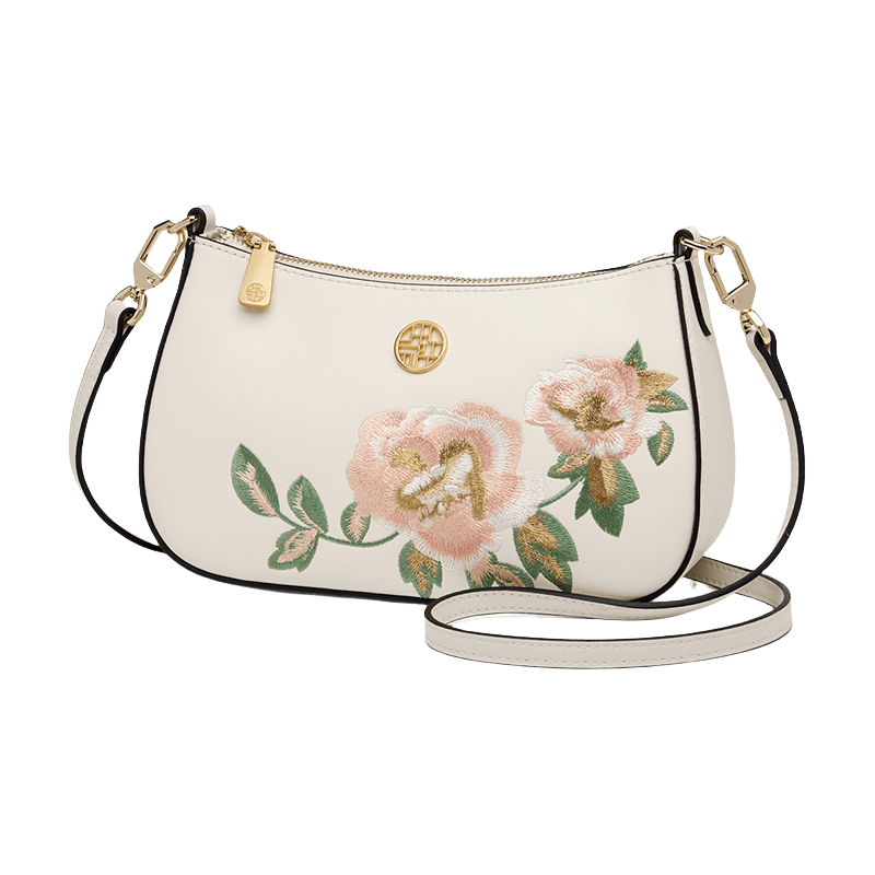 Embroidery Leather Peony Single Shoulder Hobo Bag - SinoCultural -- SC1606-T2