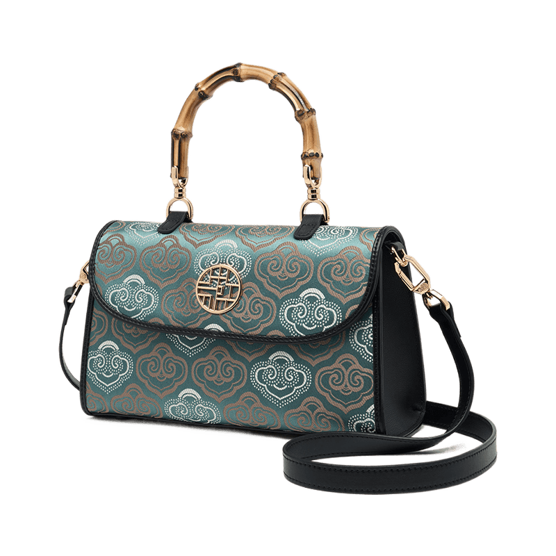 Embroidery Leather Bag Zhuang Brocade Bamboo Handle Handbag - SinoCultural -- SC1686-G1