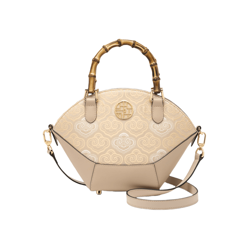 Embroidery Leather Tote Bag Bamboo Handle Auspicious Cloud - SinoCultural -- SC1689-B1 -