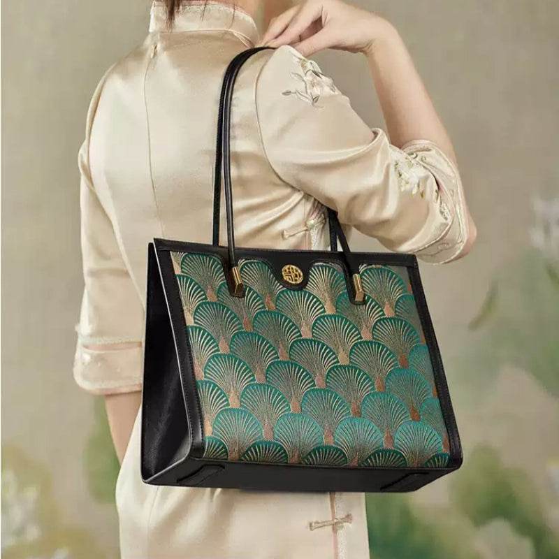 Embroidery Leather Elegant Single Shoulder Tote Bag with a Pocket - SinoCultural -- SC1750-A3