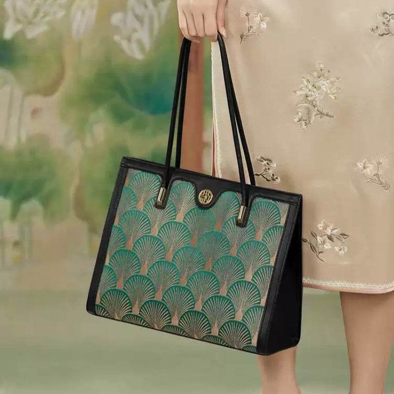 Embroidery Leather Elegant Single Shoulder Tote Bag with a Pocket - SinoCultural -- SC1750-A3 -