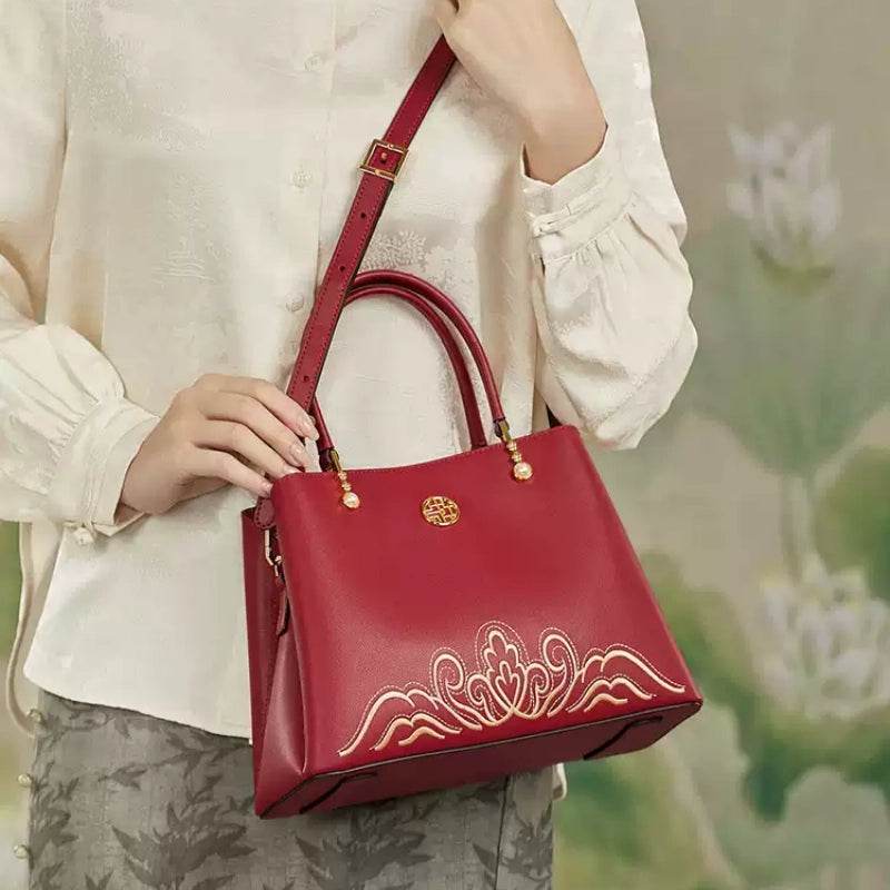 Embroidery Genuine Leather Elegant Crossbody Bag - SinoCultural -- SC1753-A4 -