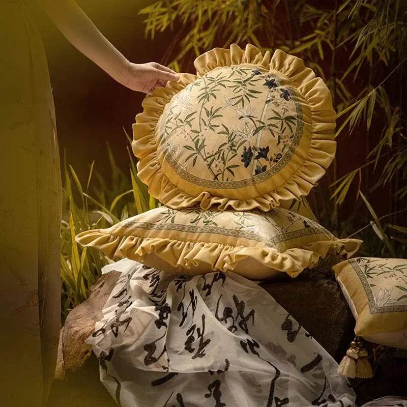 Chinoiserie Vintage Yellow Throw Pillow Autumn Bamboo Blossom - SinoCultural -- SJZBZ023A01