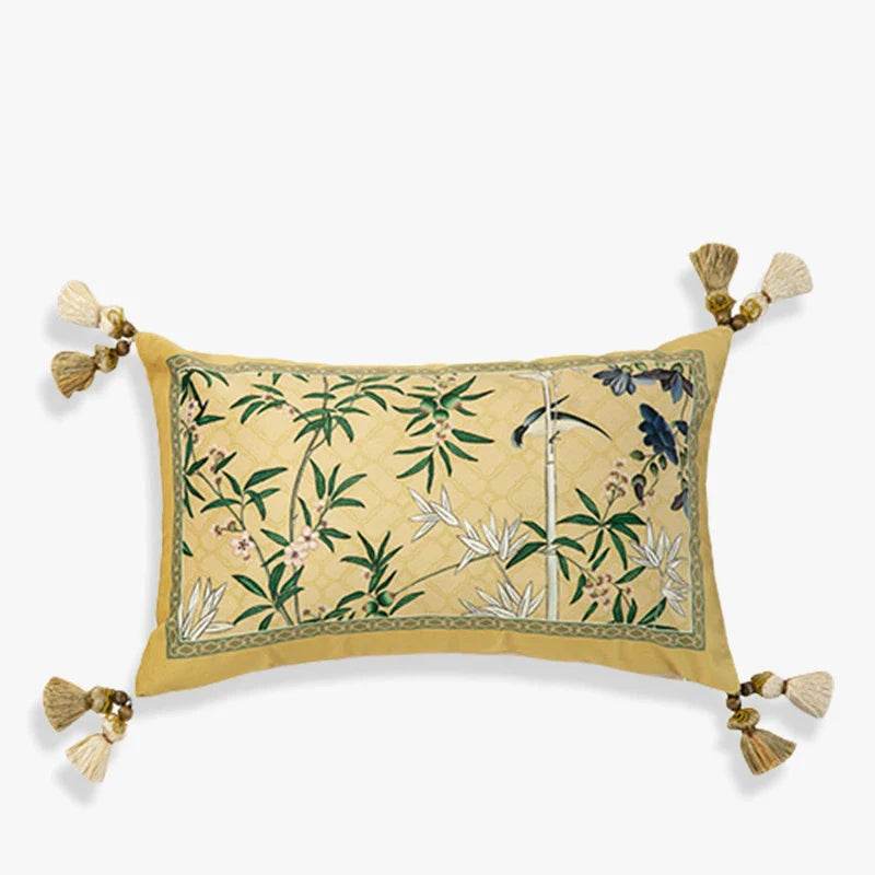 Chinoiserie Vintage Yellow Throw Pillow Autumn Bamboo Blossom - SinoCultural -- SJZBZ023A01 -