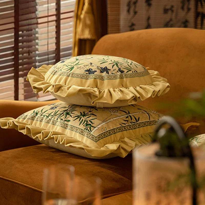 Chinoiserie Vintage Yellow Throw Pillow Autumn Bamboo Blossom - SinoCultural -- SJZBZ023A01 -