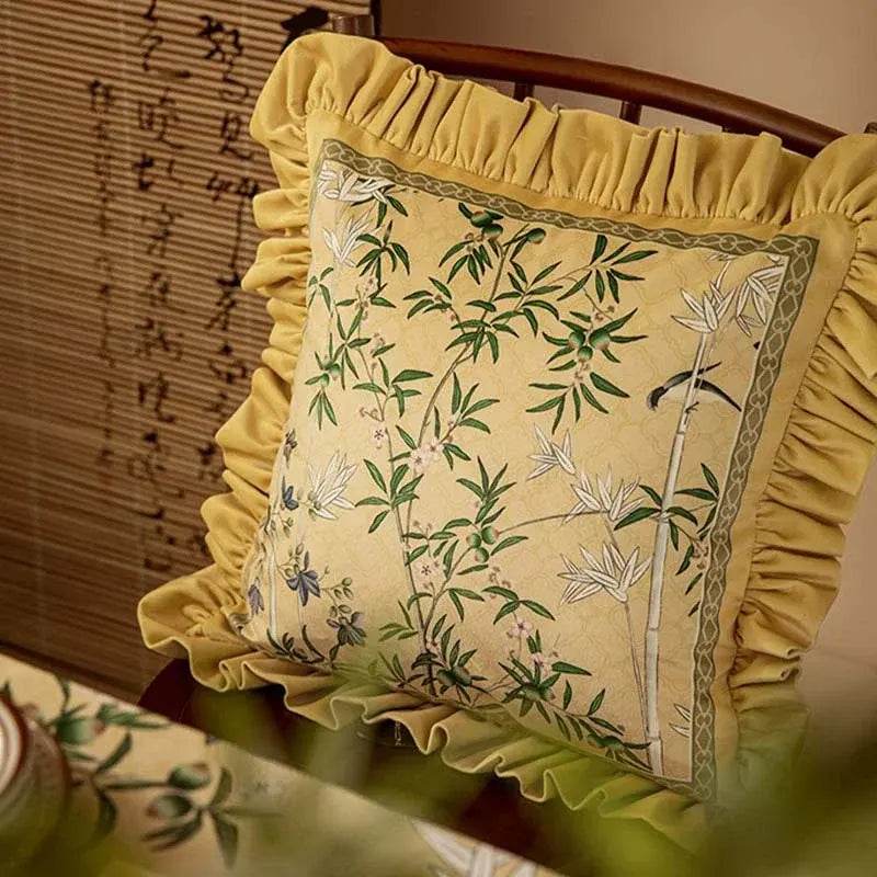 Chinoiserie Vintage Yellow Throw Pillow Autumn Bamboo Blossom - SinoCultural -- SJZBZ023A01 -