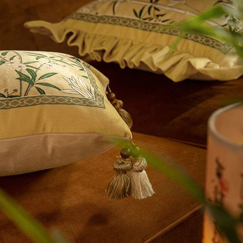 Chinoiserie Vintage Yellow Throw Pillow Autumn Bamboo Blossom - SinoCultural -- SJZBZ023A01 -