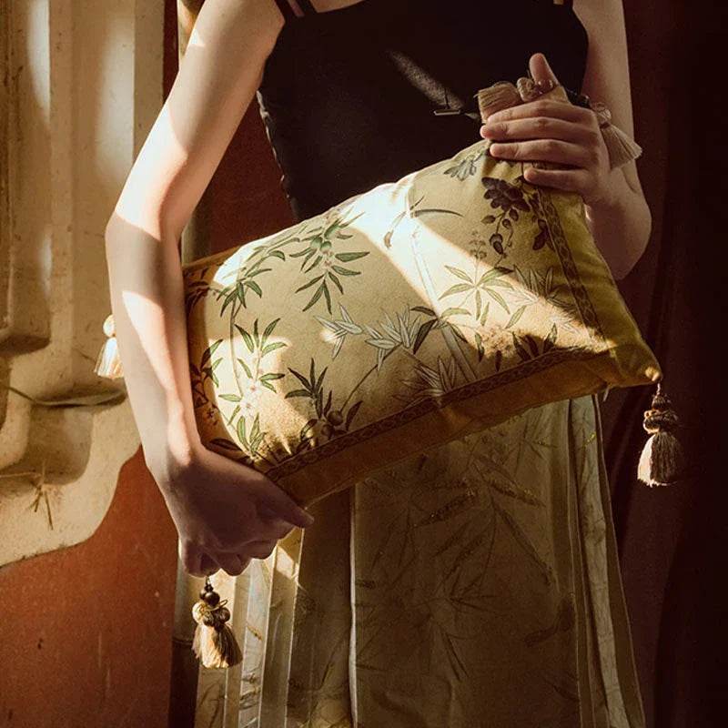 Chinoiserie Vintage Yellow Throw Pillow Autumn Bamboo Blossom - SinoCultural -- SJZBZ023A01 -