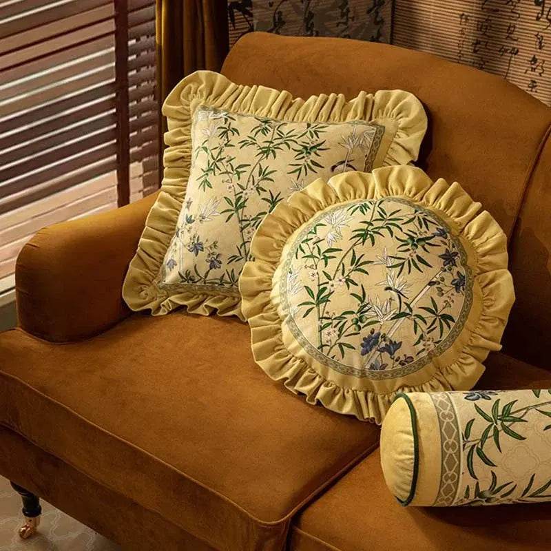 Chinoiserie Vintage Yellow Throw Pillow Autumn Bamboo Blossom - SinoCultural -- SJZBZ023A01 -