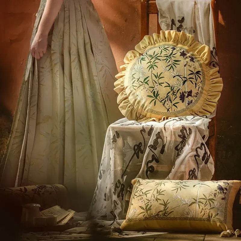 Chinoiserie Vintage Yellow Throw Pillow Autumn Bamboo Blossom - SinoCultural -- SJZBZ023A01 -