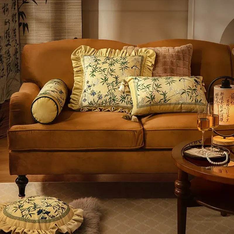 Chinoiserie Vintage Yellow Throw Pillow Autumn Bamboo Blossom - SinoCultural -- SJZBZ023A01 -