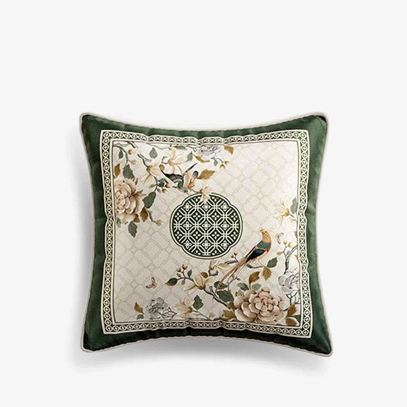 Chinoiserie Flower and Bird Green Throw Pillow Emerald Spring Elegance - SinoCultural -- SJZBZ031A01