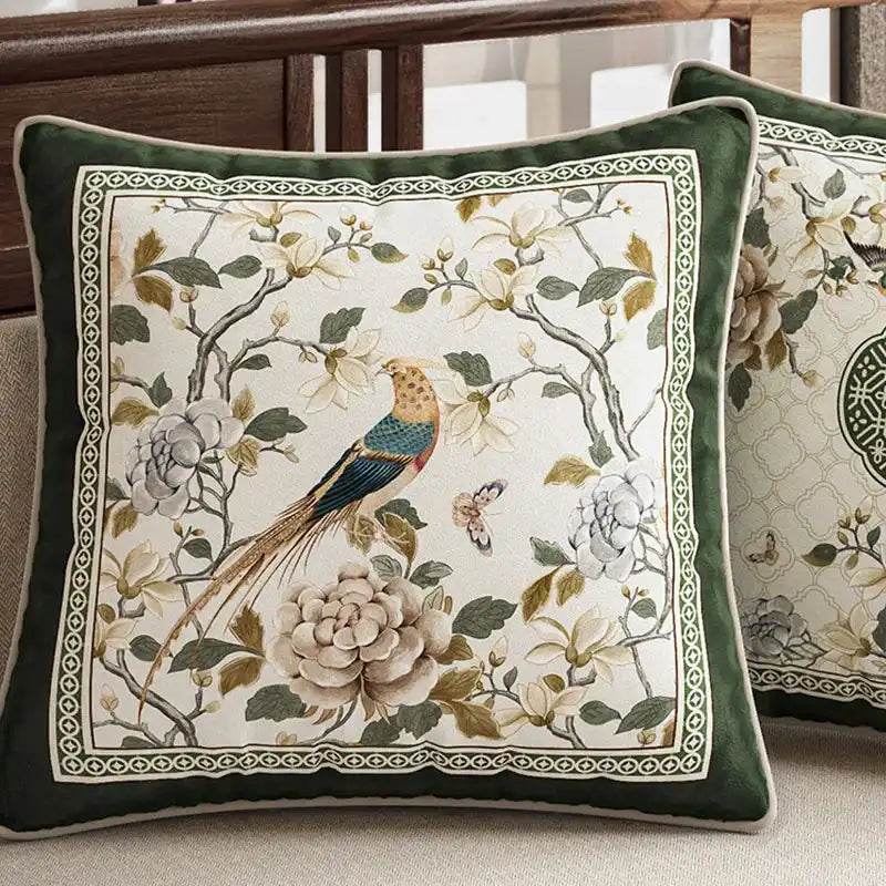 Chinoiserie Flower and Bird Green Throw Pillow Emerald Spring Elegance - SinoCultural -- SJZBZ031A01