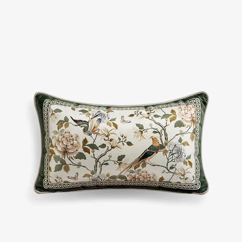 Chinoiserie Flower and Bird Green Throw Pillow Emerald Spring Elegance - SinoCultural -- SJZBZ031A01