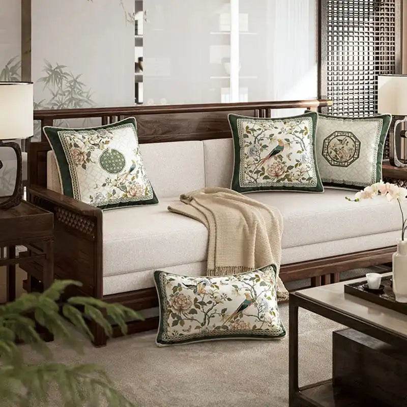 Chinoiserie Flower and Bird Green Throw Pillow Emerald Spring Elegance - SinoCultural -- SJZBZ031A01