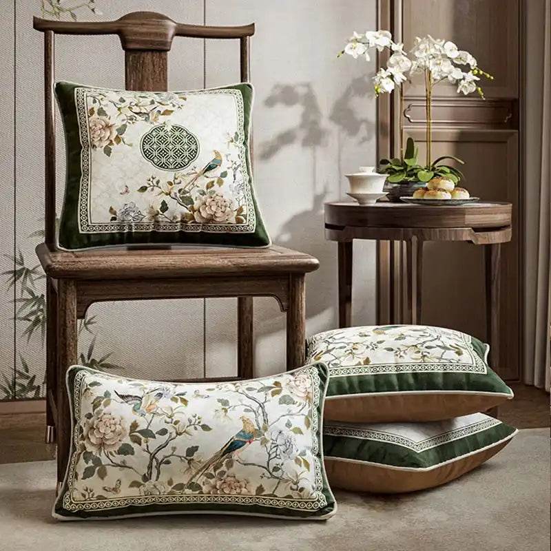 Chinoiserie Flower and Bird Green Throw Pillow Emerald Spring Elegance - SinoCultural -- SJZBZ031A01