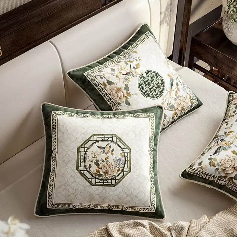 Chinoiserie Flower and Bird Green Throw Pillow Emerald Spring Elegance - SinoCultural -- SJZBZ031A01