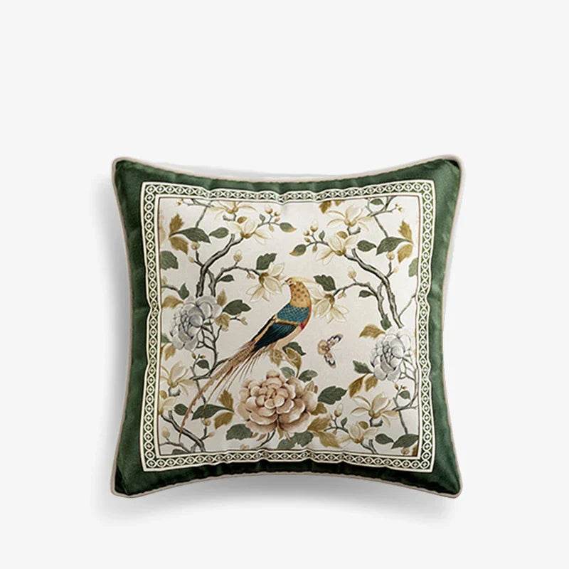 Chinoiserie Flower and Bird Green Throw Pillow Emerald Spring Elegance - SinoCultural -- SJZBZ031A01