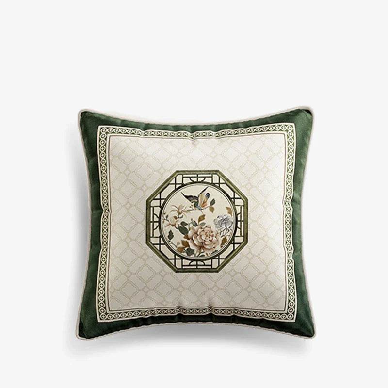 Chinoiserie Flower and Bird Green Throw Pillow Emerald Spring Elegance - SinoCultural -- SJZBZ031A01