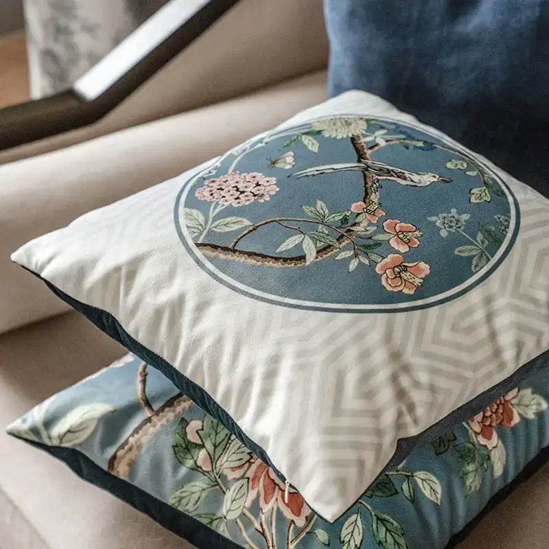 Chinoiserie Original Vintage Flower and Bird Throw Pillow Blue and White - SinoCultural -- SJZBZ035A01 -