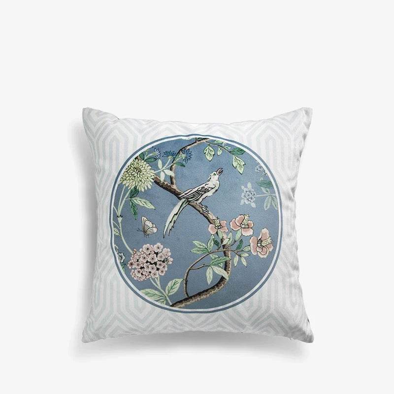 Chinoiserie Original Vintage Flower and Bird Throw Pillow Blue and White - SinoCultural -- SJZBZ035A01 -