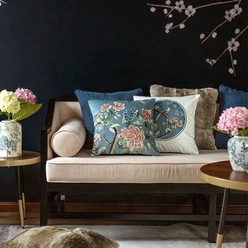 Chinoiserie Original Vintage Flower and Bird Throw Pillow Blue and White - SinoCultural -- SJZBZ035A01