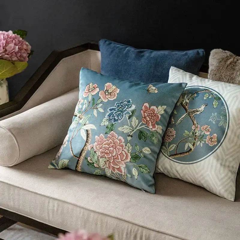 Chinoiserie Original Vintage Flower and Bird Throw Pillow Blue and White - SinoCultural -- SJZBZ035A01 -