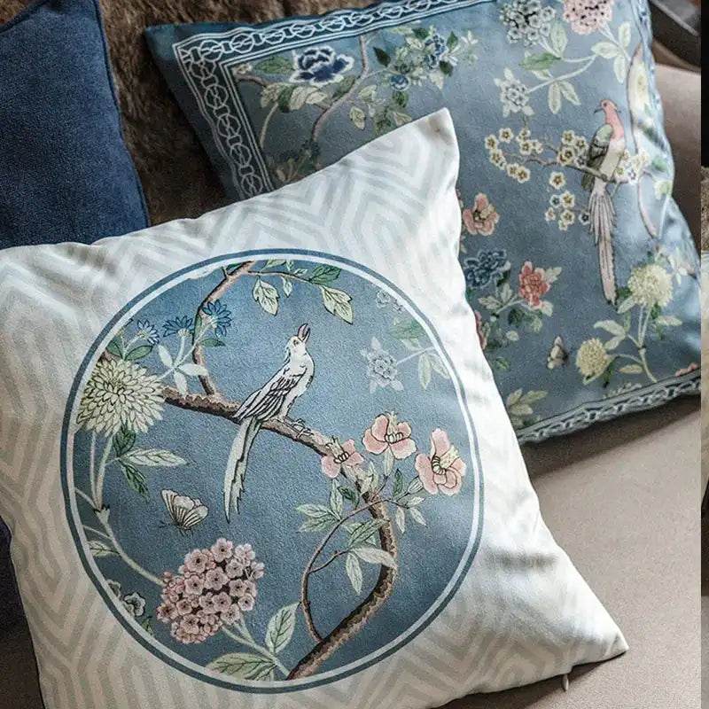 Chinoiserie Original Vintage Flower and Bird Throw Pillow Blue and White - SinoCultural -- SJZBZ035A01 -