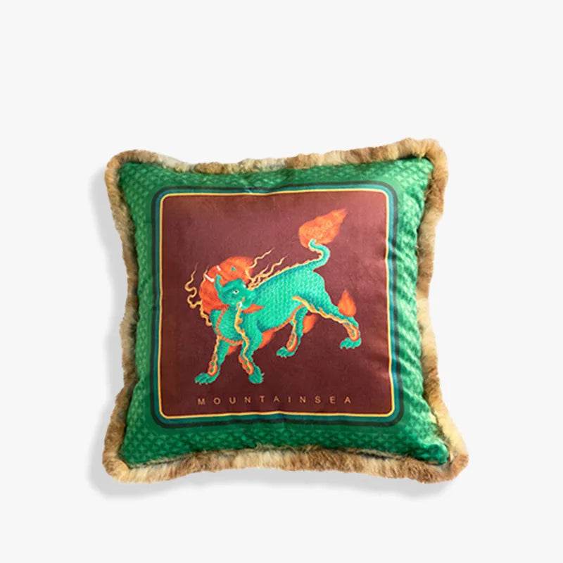 Chinoiserie Plush Fabric Throw Pillows Qilin Inspired Mythical Chinese Decor - SinoCultural -- SJZB036A01