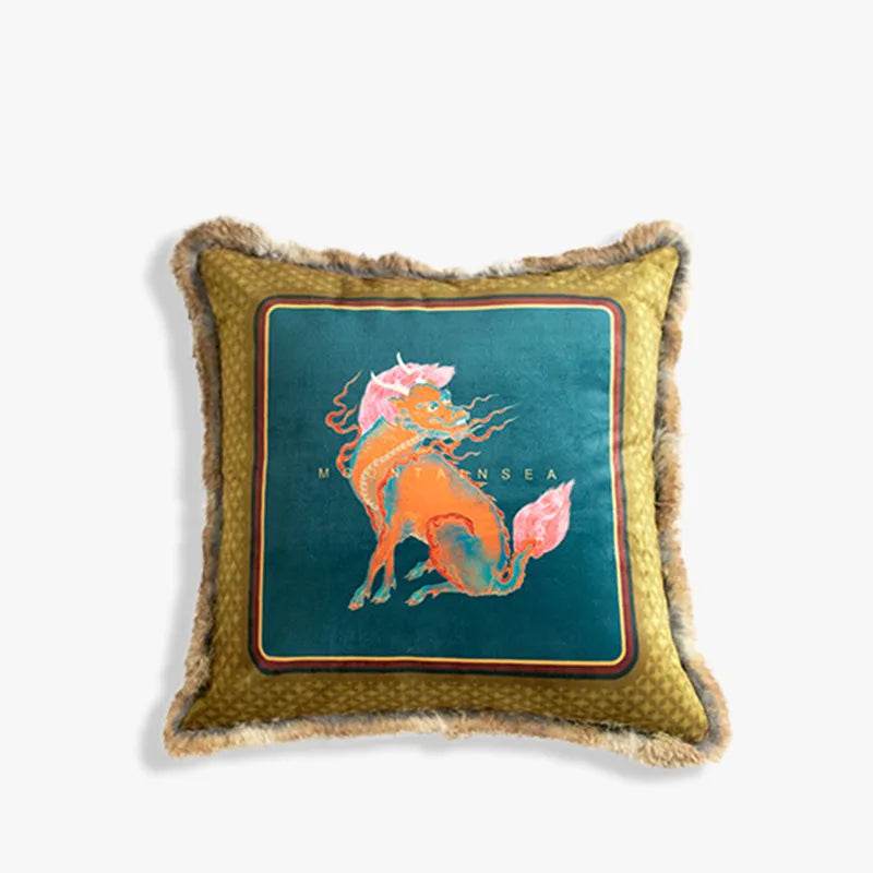 Chinoiserie Plush Fabric Throw Pillows Qilin Inspired Mythical Chinese Decor - SinoCultural -- SJZB036A01