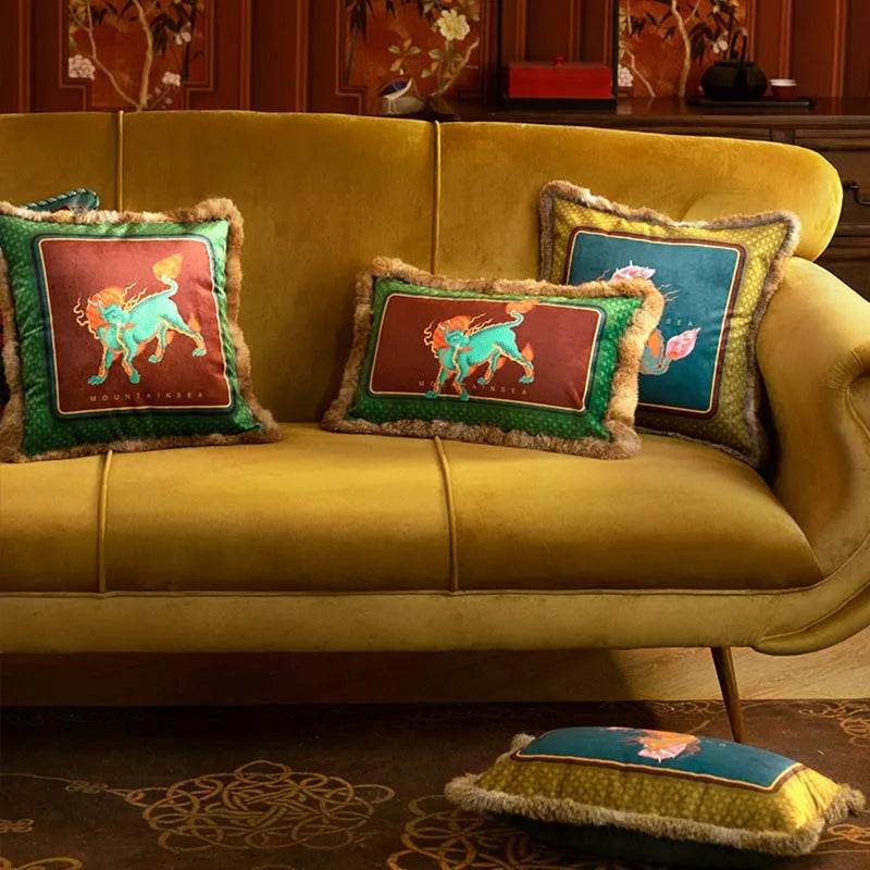 Chinoiserie Plush Fabric Throw Pillows Qilin Inspired Mythical Chinese Decor - SinoCultural -- SJZB036A01