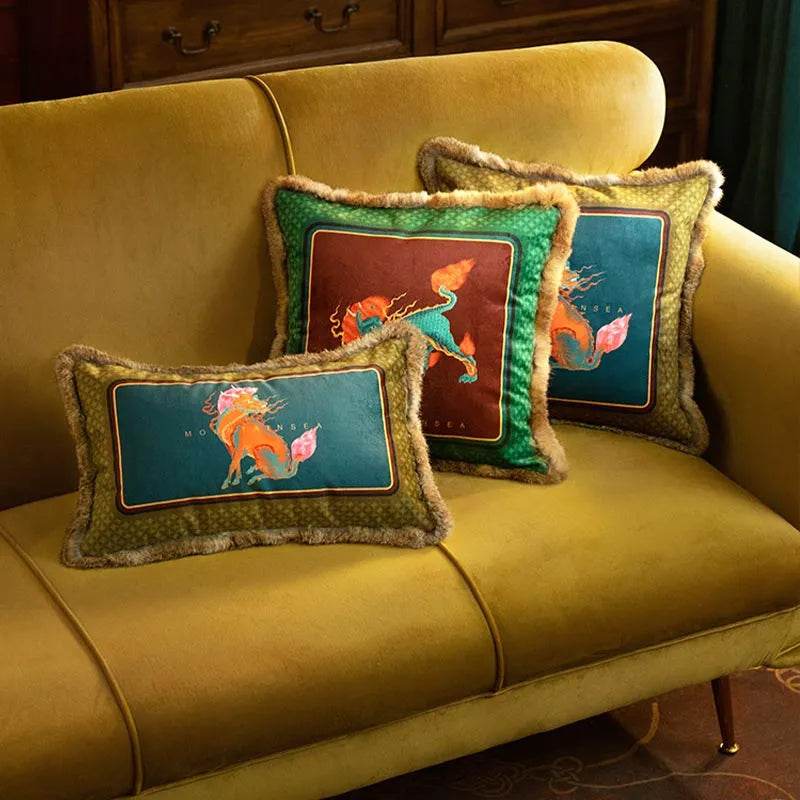 Chinoiserie Plush Fabric Throw Pillows Qilin Inspired Mythical Chinese Decor - SinoCultural -- SJZB036A01