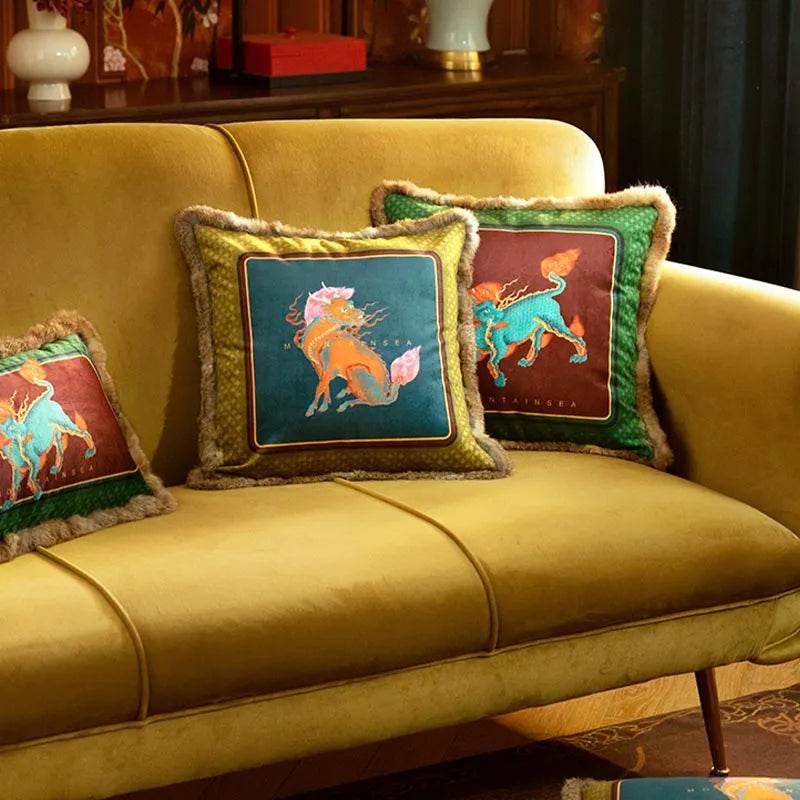 Chinoiserie Plush Fabric Throw Pillows Qilin Inspired Mythical Chinese Decor - SinoCultural -- SJZB036A01