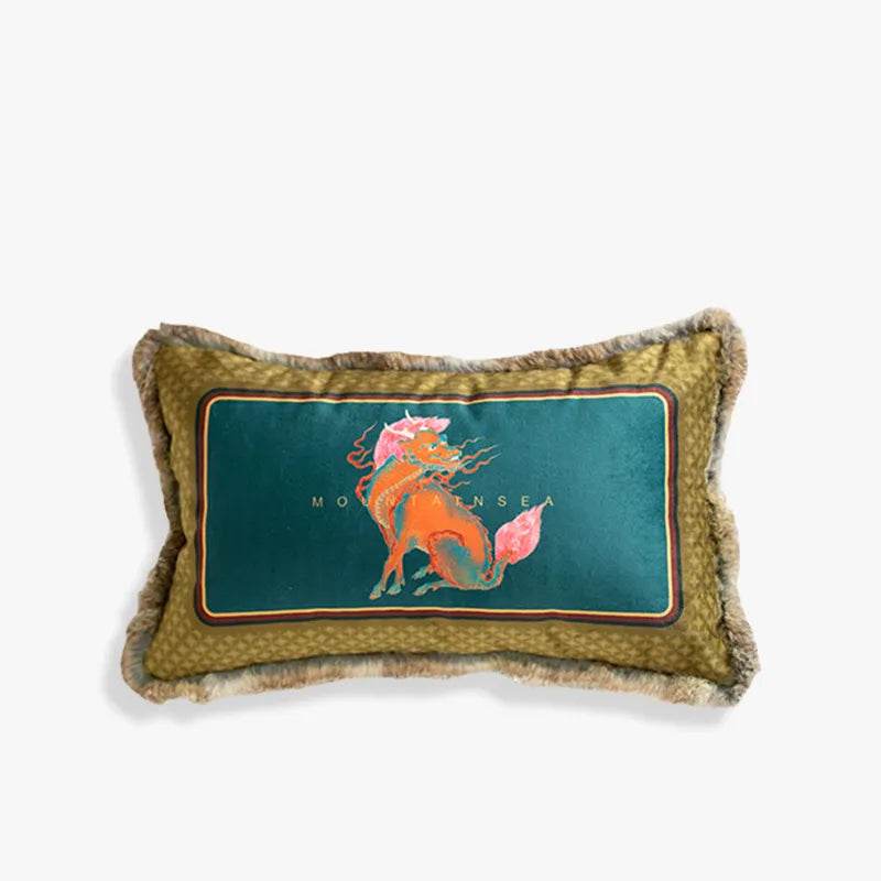 Chinoiserie Plush Fabric Throw Pillows Qilin Inspired Mythical Chinese Decor - SinoCultural -- SJZB036A01