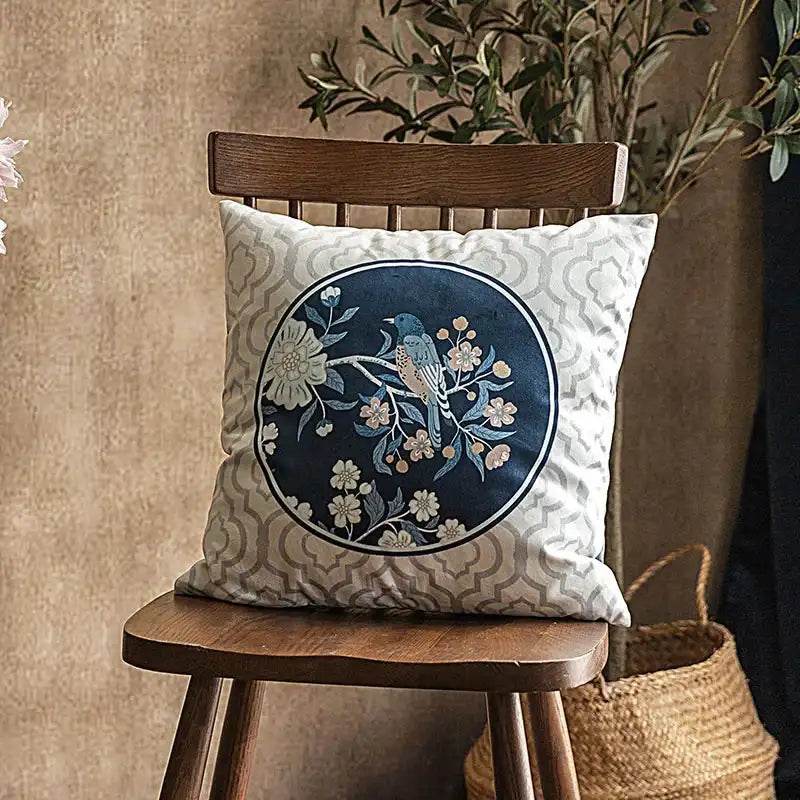 Chinoiserie Original Flowers and Birds Throw Pillow Blue and White - SinoCultural -- SJZBZ041A01