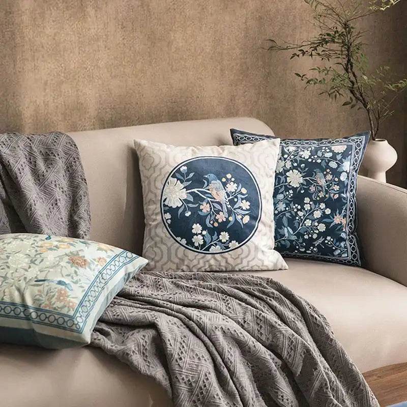Chinoiserie Original Flowers and Birds Throw Pillow Blue and White - SinoCultural -- SJZBZ041A01