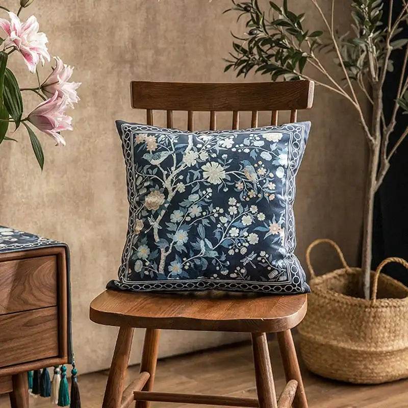 Chinoiserie Original Flowers and Birds Throw Pillow Blue and White - SinoCultural -- SJZBZ041A01
