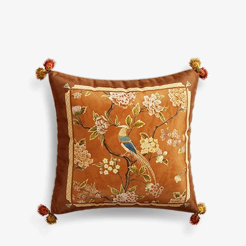 Chinoiserie Original Flowers and Birds Throw Pillow Orange Melody - SinoCultural -- SJZBZ043A01 -