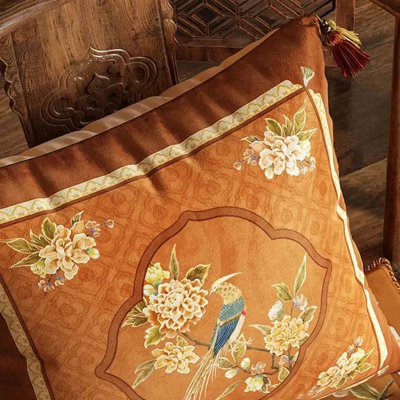 Chinoiserie Original Flowers and Birds Throw Pillow Orange Melody - SinoCultural -- SJZBZ043A01 -