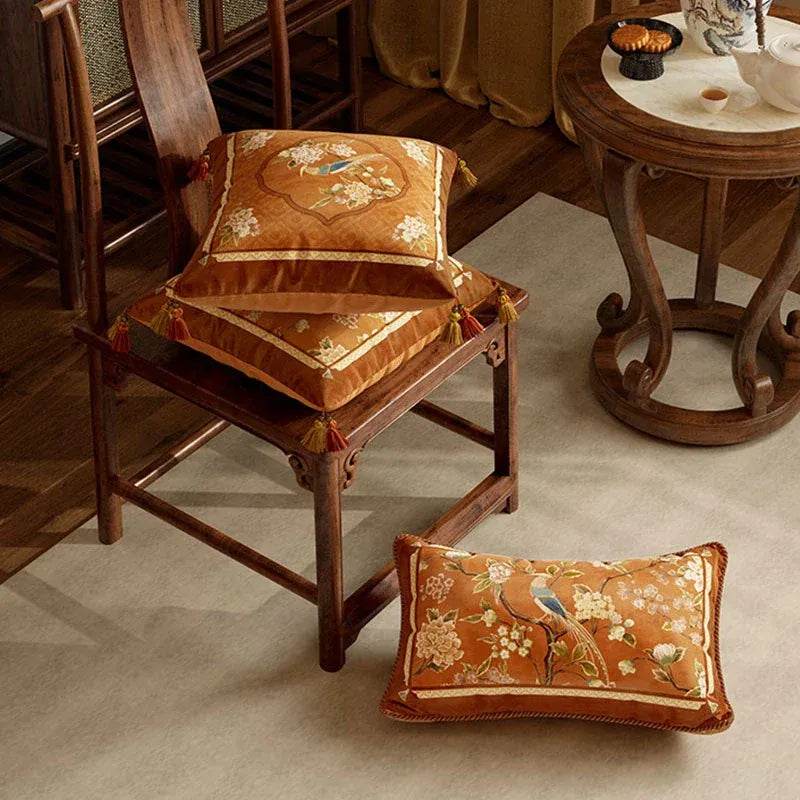 Chinoiserie Original Flowers and Birds Throw Pillow Orange Melody - SinoCultural -- SJZBZ043A01 -