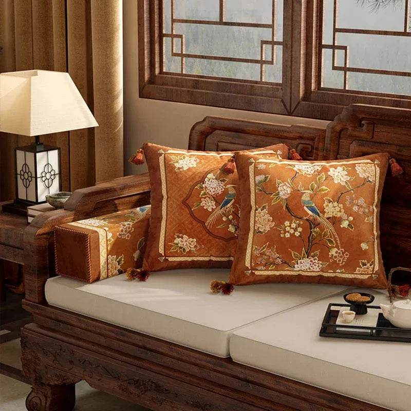 Chinoiserie Original Flowers and Birds Throw Pillow Orange Melody - SinoCultural -- SJZBZ043A01 -