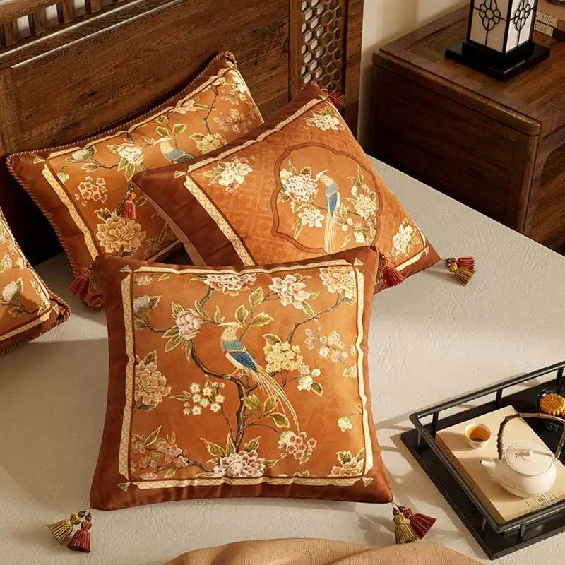 Chinoiserie Original Flowers and Birds Throw Pillow Orange Melody - SinoCultural -- SJZBZ043A01 -