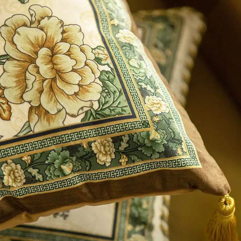 Chinoiserie Original Flowers and Birds Green Throw Pillow - SinoCultural -- SJZBZ046A01 -