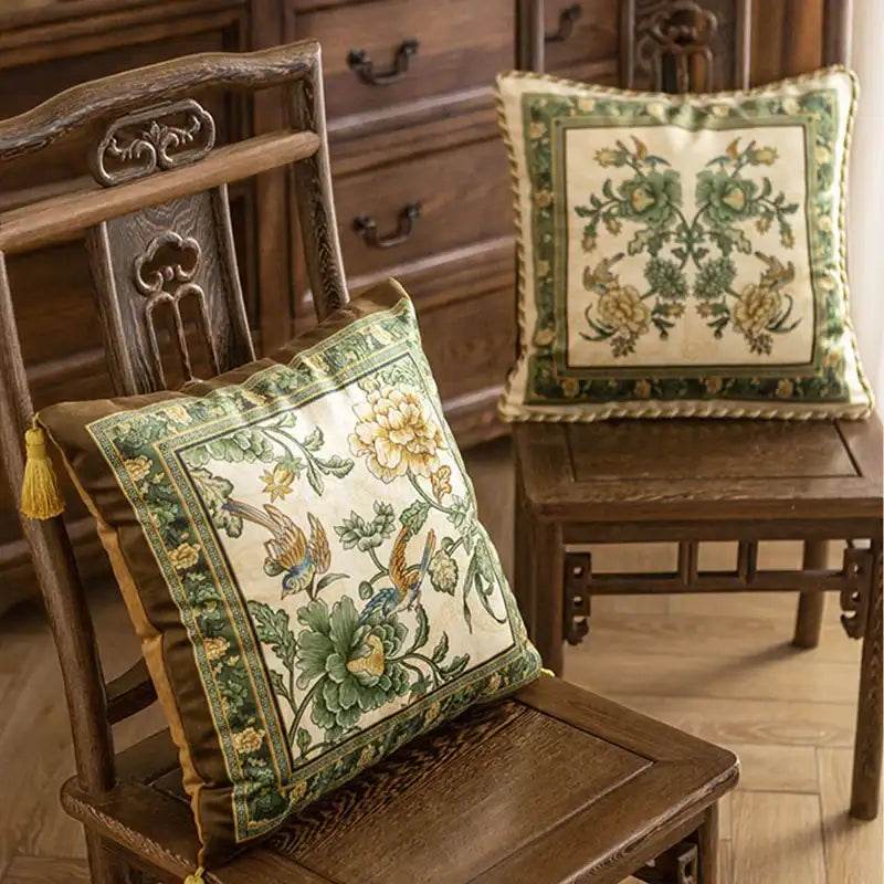 Chinoiserie Original Flowers and Birds Green Throw Pillow - SinoCultural -- SJZBZ046A01 -