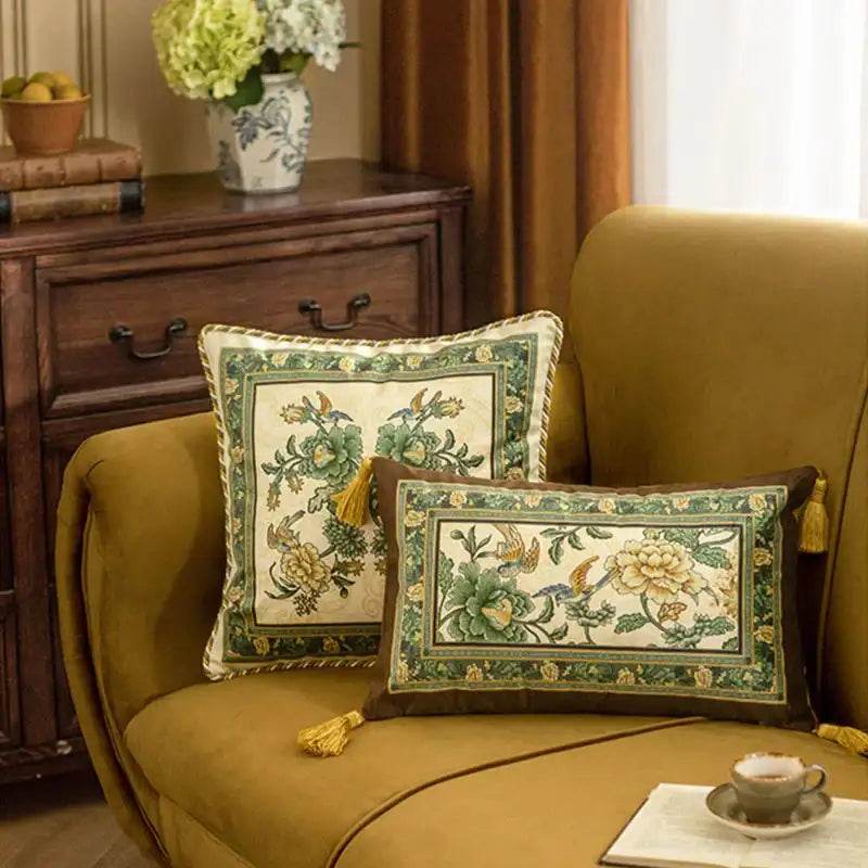 Chinoiserie Original Flowers and Birds Green Throw Pillow - SinoCultural -- SJZBZ046A01